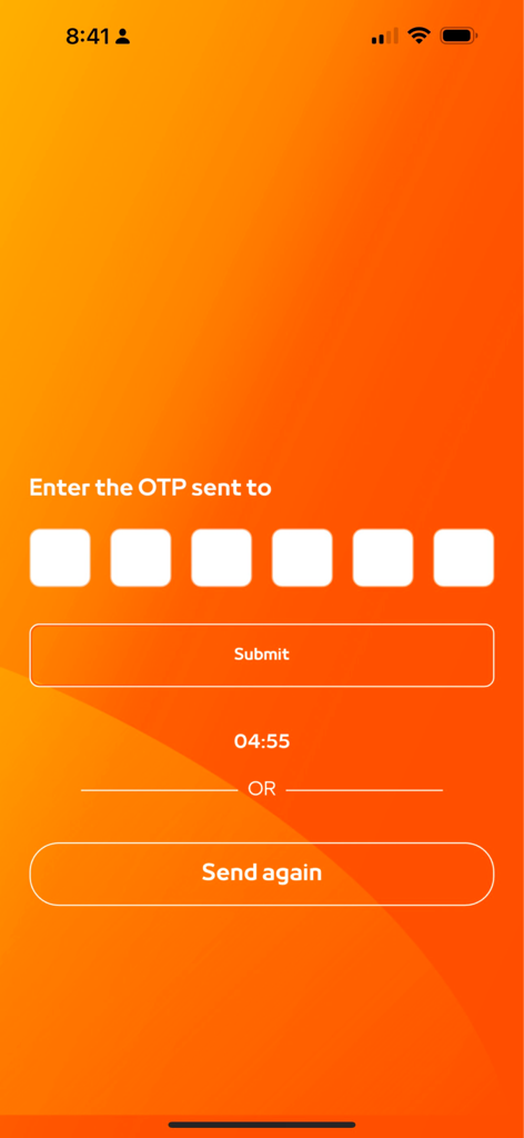 Mashreq Trade UAE - Mashreq Trade UAE app OTP verification screen with a vibrant orange background