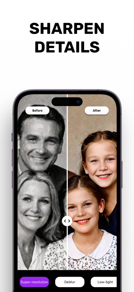 Pantalla de la aplicación que muestra una comparación del antes y después de definir detalles en fotos usando IA.