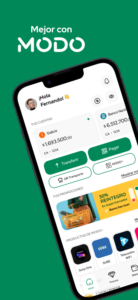 MODO app home screen showing consolidated bank accounts and payment options