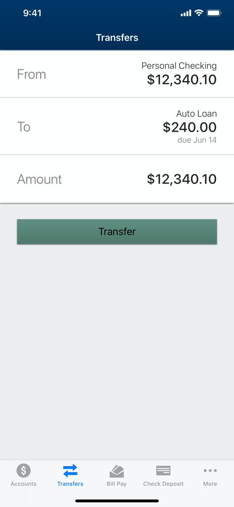1st MidAmerica CU - 1st MidAmerica CU mobile banking app transfers screen for moving funds between accounts.