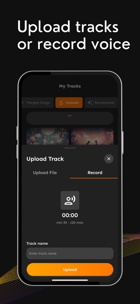 Soundify - AI Song Maker - A mobile interface for the Soundify app showing options to upload audio files or record voice to create AI generated songs.