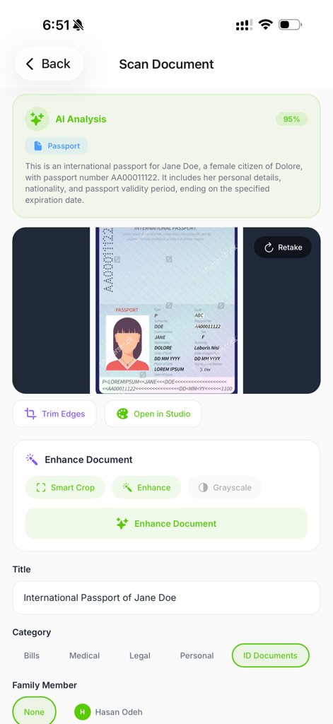 MyIDs app interface displaying the AI analysis and enhancement tools for a scanned international passport.