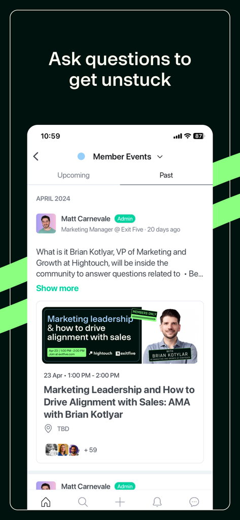 Exit Five - Screenshot of the Exit Five app showing an upcoming marketing leadership AMA event