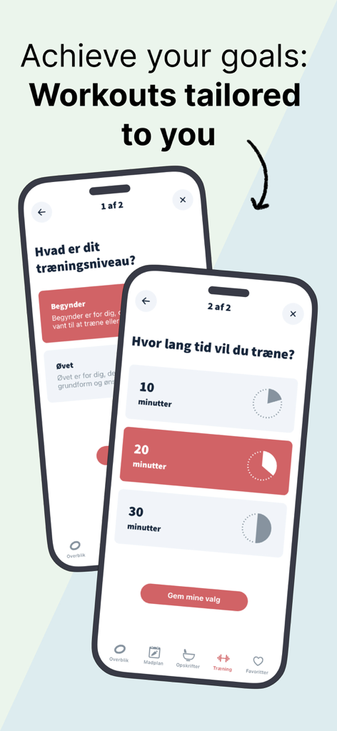 Telas do aplicativo IFORM mostrando opções de nível de treinamento personalizado e duração de treino de 10, 20 e 30 minutos
