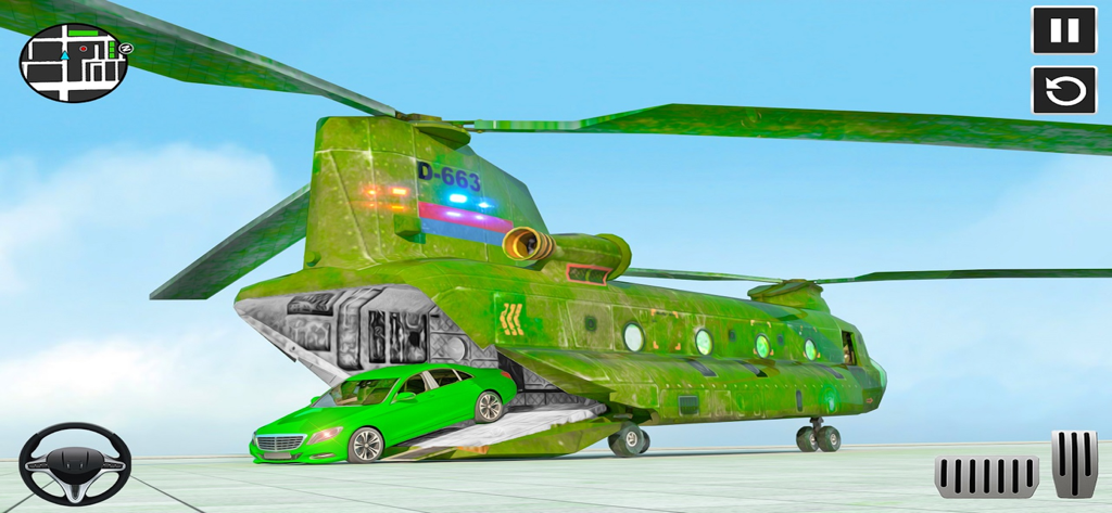 Military Vehicle Transport Sim - A green car loading into a military transport helicopter in a vehicle simulation game