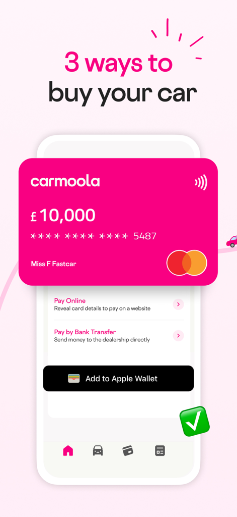 Carmoola app interface showing three ways to pay for a car including bank transfer and Apple Wallet integration