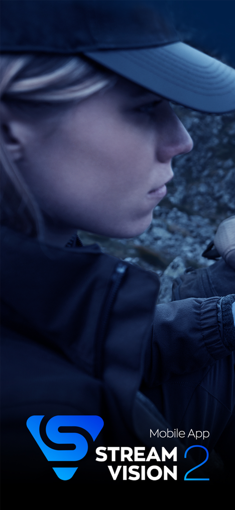 Stream Vision 2 mobile app logo featuring a woman in outdoor gear in a dark setting