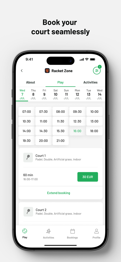 MATCHi - A mobile interface for the MATCHi app showing real-time court availability and booking options for padel sports.