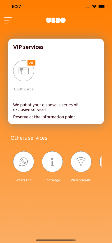 Ubbo - Ubbo app interface showing VIP services and mall amenities like concierge and free wifi