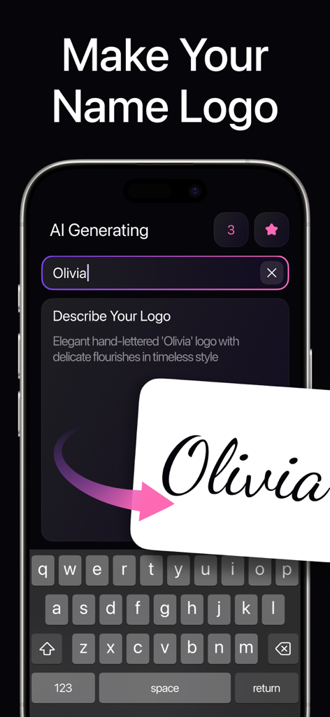 AI Logo - Generator & Maker - AI logo generator app interface showing a custom script logo for the name Olivia