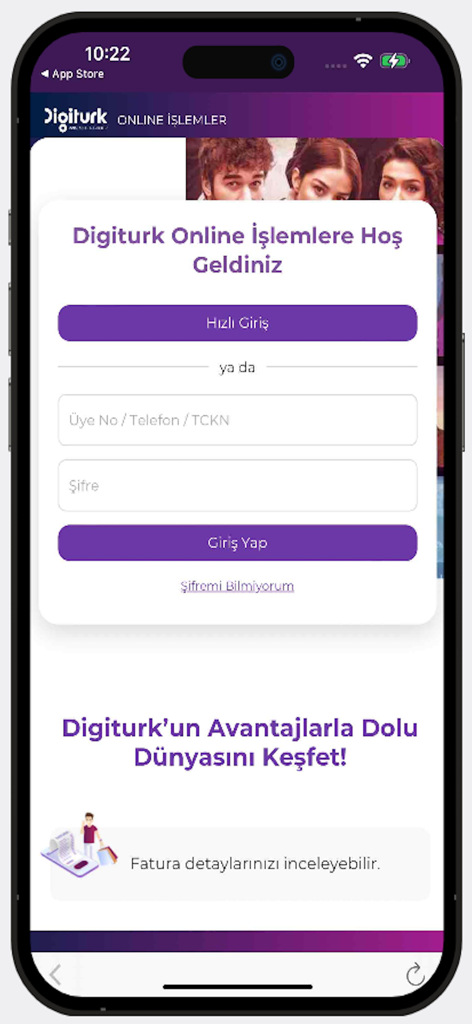 Digiturk Online Islem mobile app login page on an iPhone