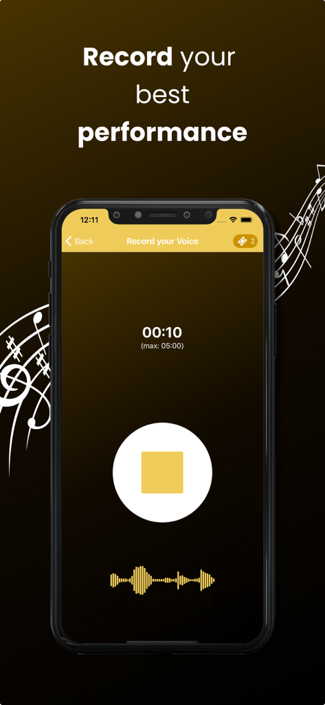 Guitar2Tabs - Transcribe Riffs - Interface of the Guitar2Tabs app showing an active audio recording session with a timer and waveform for transcribing guitar riffs