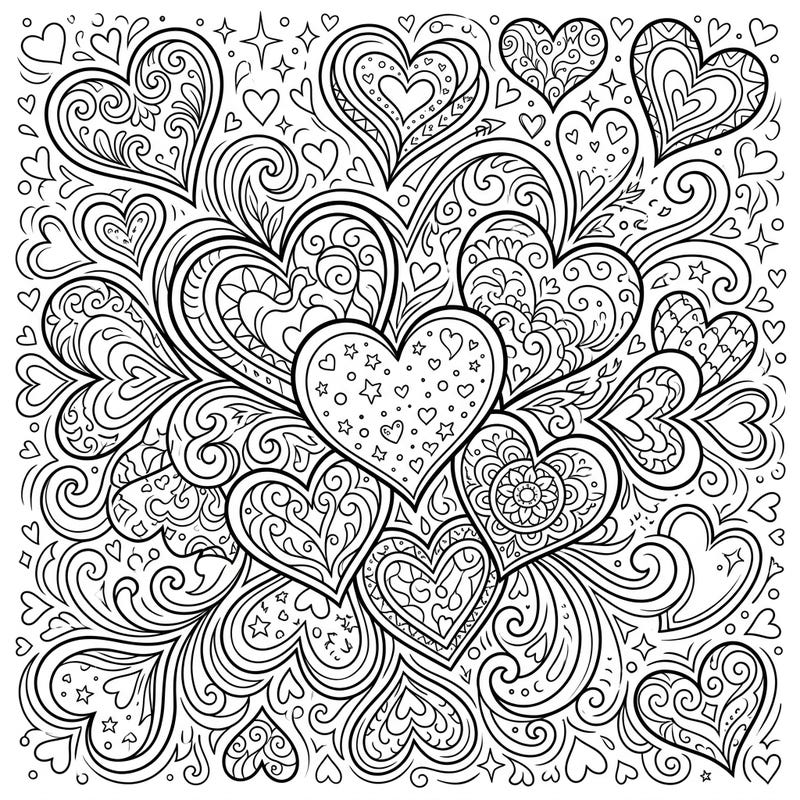 Explore a captivating world of stylized cartoon hearts, intricately designed to spark the imagination of teens. This detailed coloring page offers a fantastic opportunity to unwind and express your artistic flair.