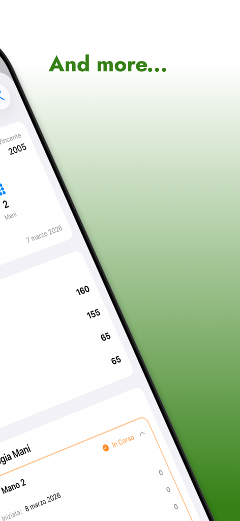 Burraco Manager - A smartphone screen displaying the Burraco Manager app with hand history and player scores