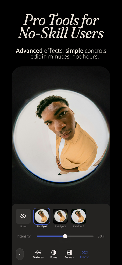 Templify・ Photo & Video Editor - Templify app interface showing a fisheye lens effect on a video clip with intensity slider and filter options