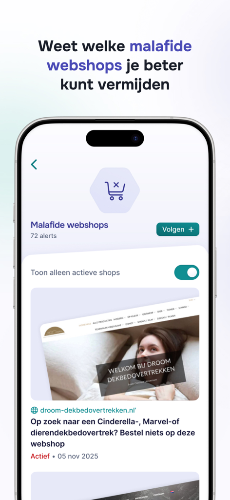 Tela do aplicativo Opgelicht exibindo uma lista de lojas online fraudulentas a serem evitadas