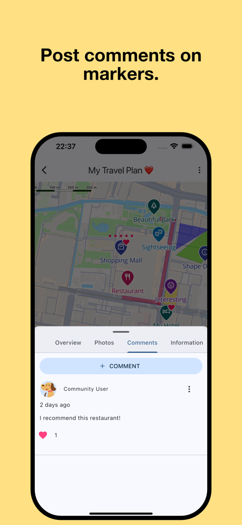 Open Maps: Create & Share - 지도 마커에 대한 사용자 댓글 및 소셜 상호 작용을 보여주는 인터페이스