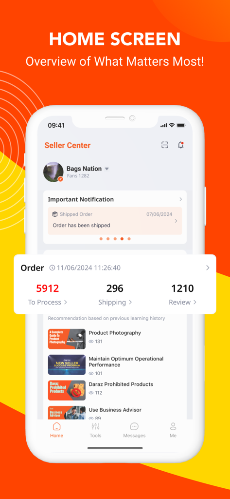 Home screen of the Daraz Seller Center app showing an overview of orders, notifications, and seller recommendations.