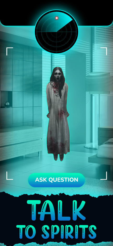 AR-Geisterdetektor-App-Oberfläche, die eine gruselige Geisterfigur in einem Raum und ein Radar zeigt
