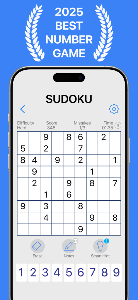 Sudoku No Ads - 어려운 난이도의 9x9 격자가 진행 중인 Sudoku No Ads 앱의 깔끔한 인터페이스를 보여주는 모바일 화면
