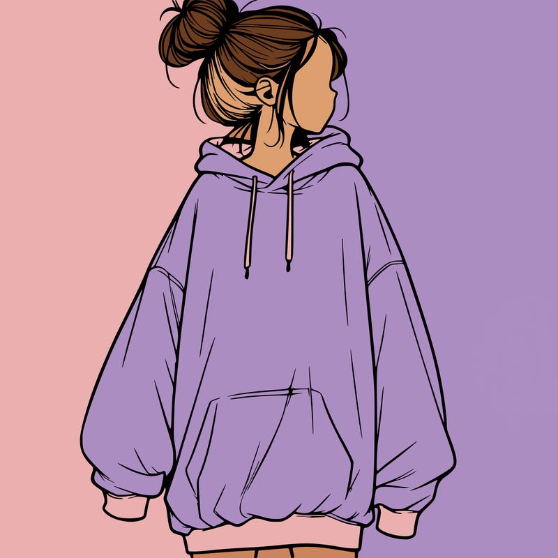 realistic girl with a oversized sweatshirt on and a bun