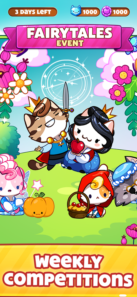 Cat Game - The Cats Collector! - Gatos adorables vestidos como personajes de cuentos de hadas para un evento de competición semanal en la aplicación Cat Game.