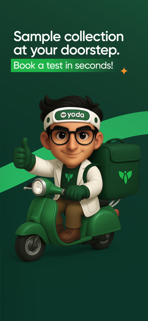 Mr. Yoda - Cartoon character on a green scooter promoting doorstep medical sample collection for the Mr. Yoda health app