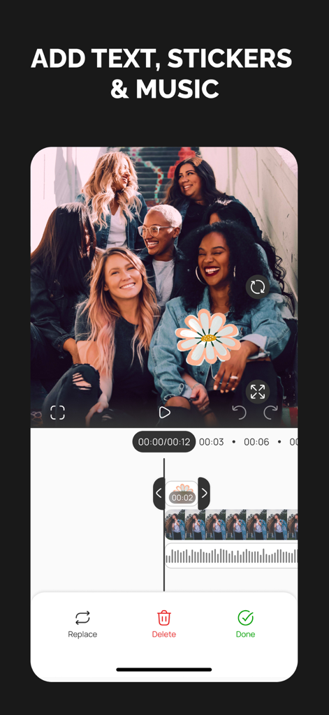 QuickMovie: Auto Video Editor - Interface of the QuickMovie app showing a video of friends with a flower sticker and an audio timeline for editing