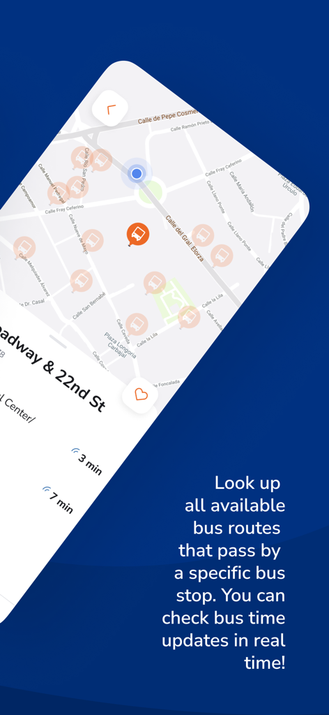 Pame App - Pame App interface displaying an interactive map with real time bus arrival times and route tracking