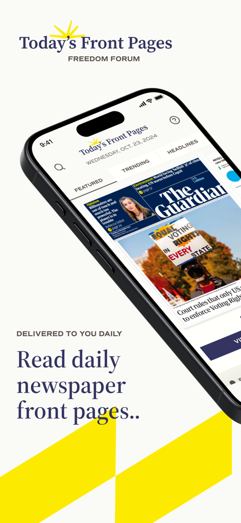 Today's Front Pages - A smartphone screen displaying the Today's Front Pages app featuring a digital newspaper front page.