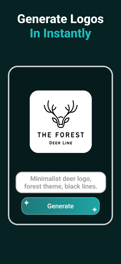 AI Logo Maker - AI Logo Design - KI Logo Maker App-Oberfläche, die ein minimalistisches Hirsch-Logo zeigt, das aus einer Textaufforderung generiert wurde