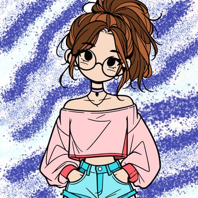 girl with a messy ponytail glasses a baggy crop top and jean shorts