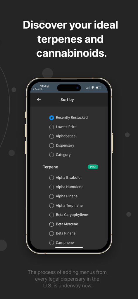 BudWatcher app interface for sorting cannabis products by terpenes and cannabinoids
