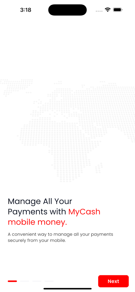 MyCash Subscriber - Onboarding-Bildschirm der MyCash Subscriber App mit einer Nachricht zur sicheren Verwaltung von mobilen Zahlungen.