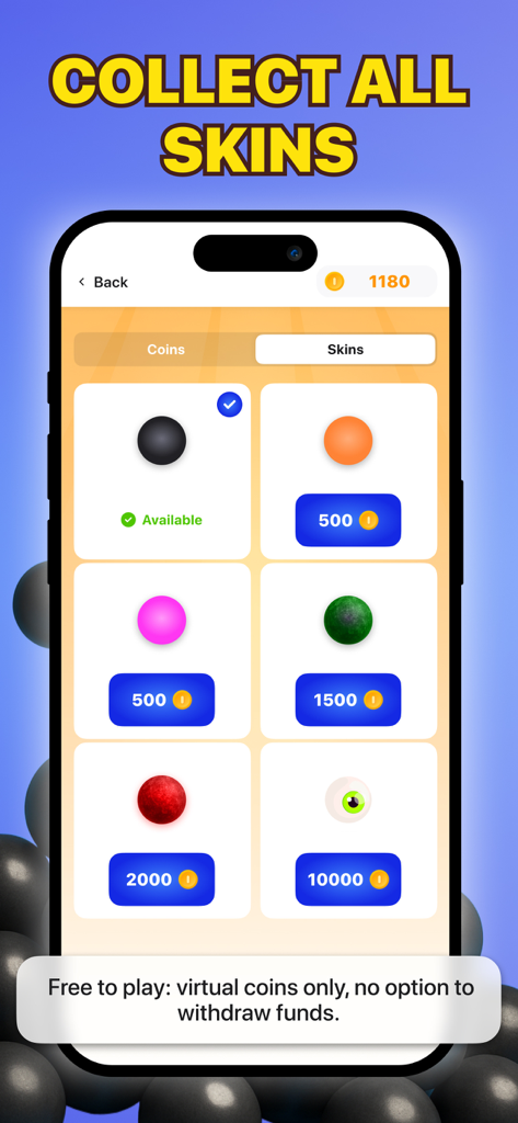 Plinko Game ⁢ - Negozio di gioco in Plinko Game che mostra varie skin di palline disponibili per l'acquisto con monete virtuali.