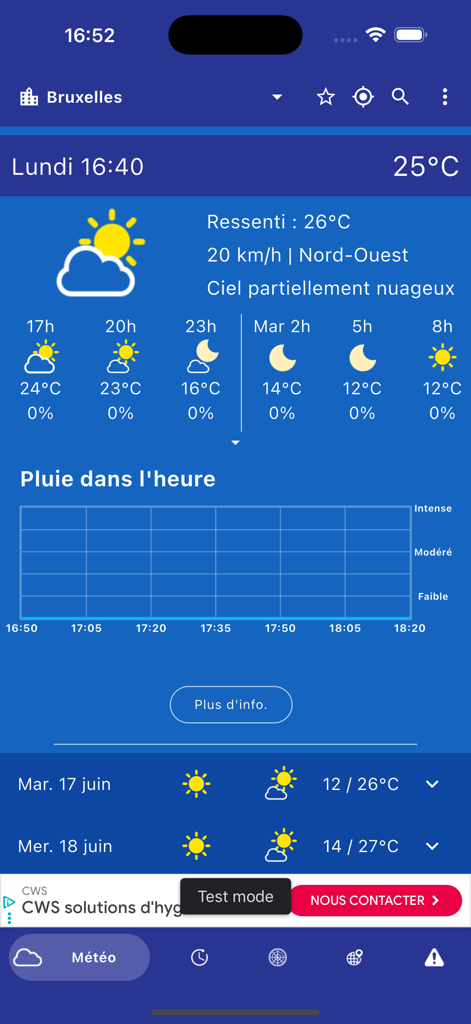 Meteo Belgique app interface showing weather forecast for Brussels
