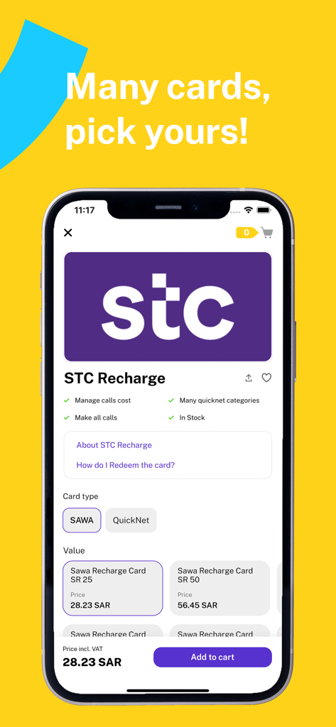 Rasseed App-Oberfläche zeigt STC Handy-Aufladekarten mit Preisen in SAR