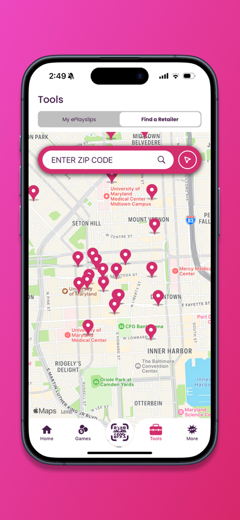 MD Lottery - MD Lottery app map interface displaying pink location pins for lottery retailers in the Baltimore area