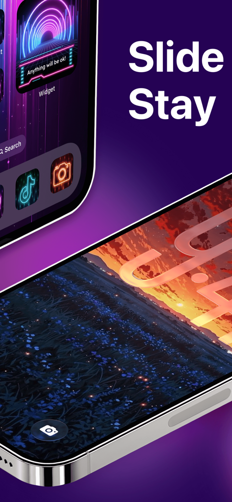 Two iPhones displaying custom neon app icons and a scenic landscape lock screen wallpaper using the Themerella app.