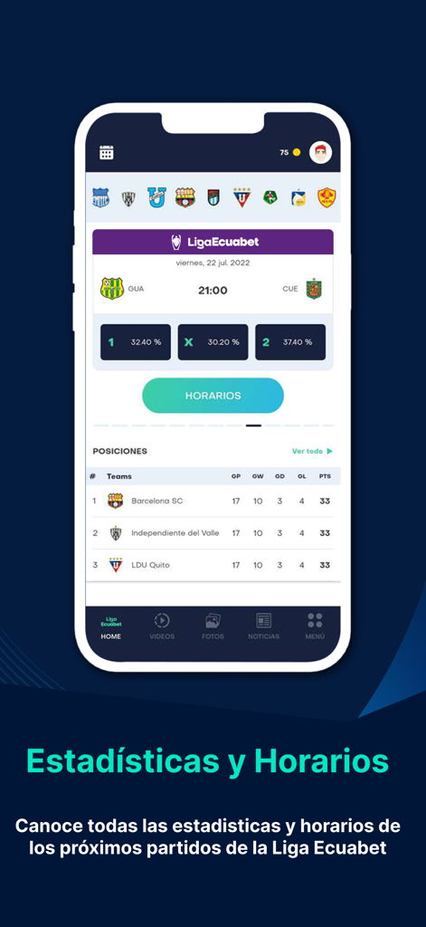 Liga Ecuabet - Liga Ecuabet mobile app screen displaying soccer match schedules and league standings