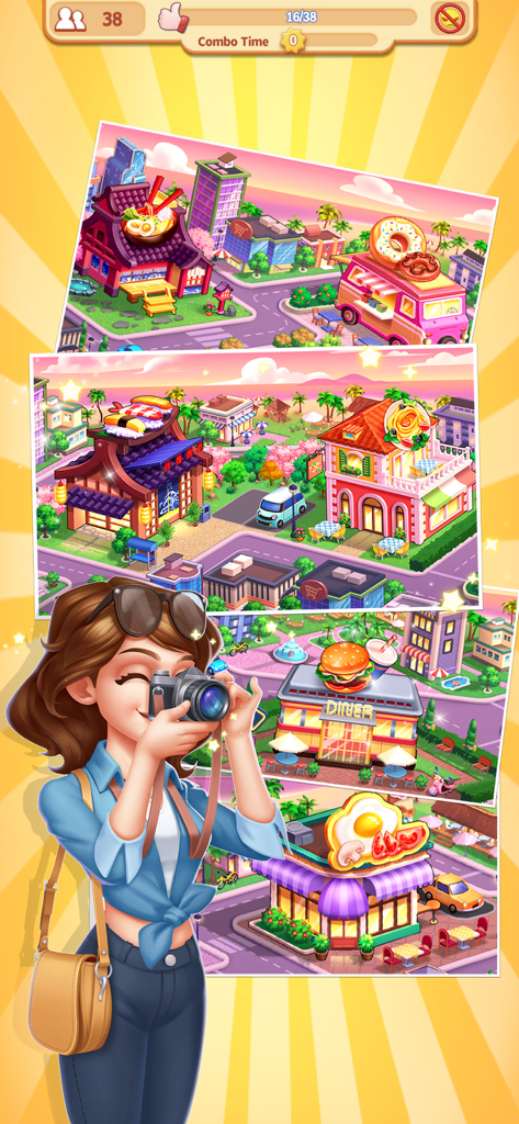 My Restaurant: Cooking Game - Una mujer tomando una foto de varios restaurantes temáticos en una colorida ciudad.