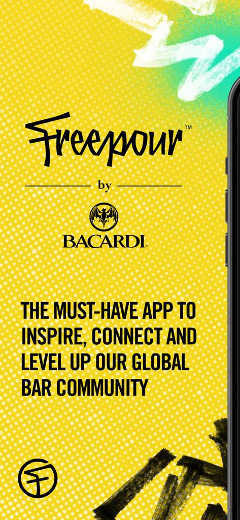 Freepour - For Pro Bartenders - Freepour app splash screen by Bacardi featuring the slogan to inspire and level up the global bar community