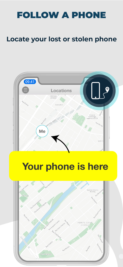 Find Loca app interface showing a map to locate a lost or stolen phone with a yellow banner saying your phone is here