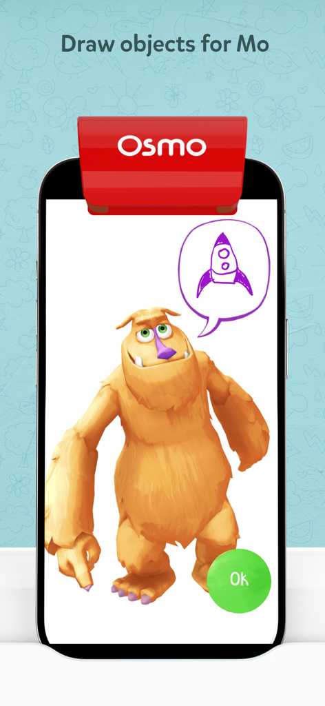 Osmo Monster app showing Mo the monster prompting a child to draw a rocket