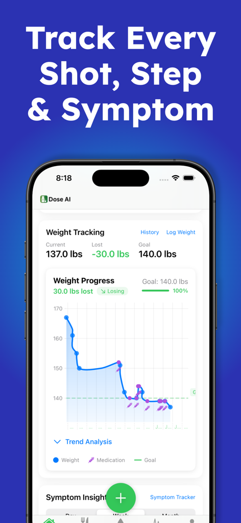 Dose AI - GLP1 Tracker - Dose AI app screenshot showing a weight tracking graph with medication injection markers and progress toward a weight loss goal