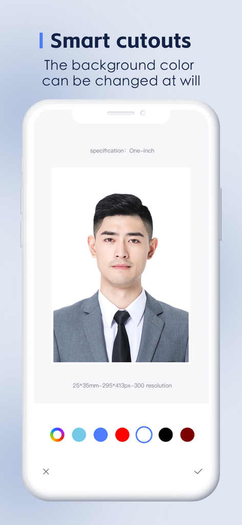ID Photo:Passport Photo Maker - Mobile app interface showing smart cutout and background color change for a professional passport photo