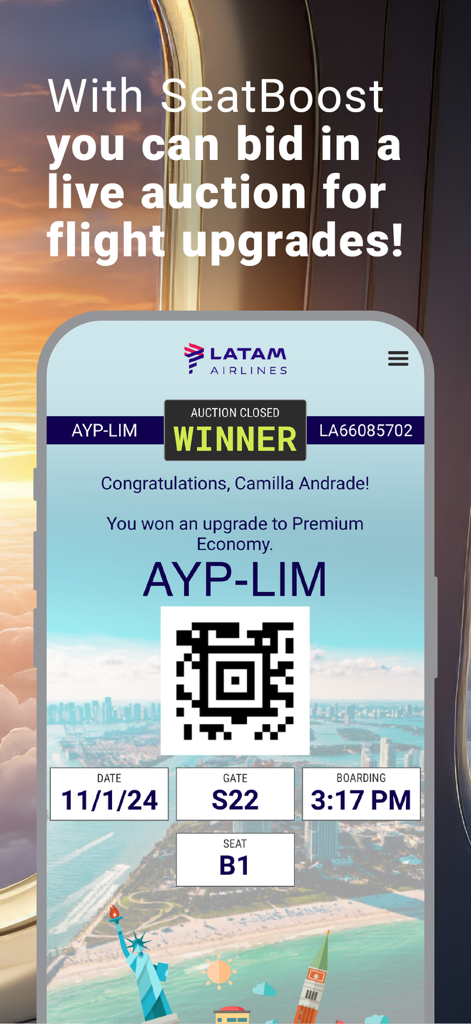 SeatBoost - Mobile app screen showing a successful flight upgrade auction win for LATAM Airlines