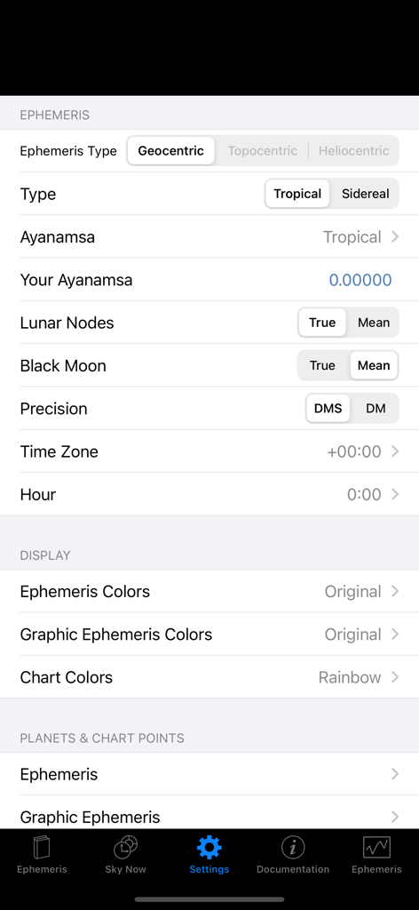 Technical settings menu of the iPhemeris astrology app showing options for ephemeris type ayanamsa and lunar nodes