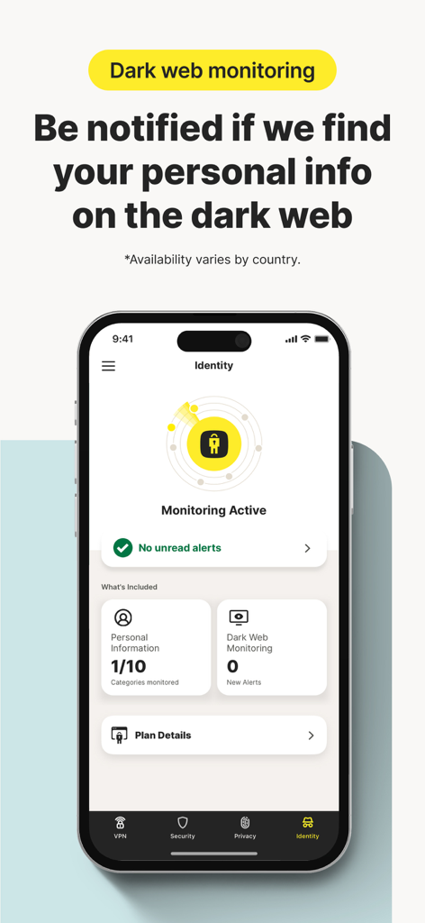 Norton VPN app interface showing active dark web monitoring for personal identity protection.