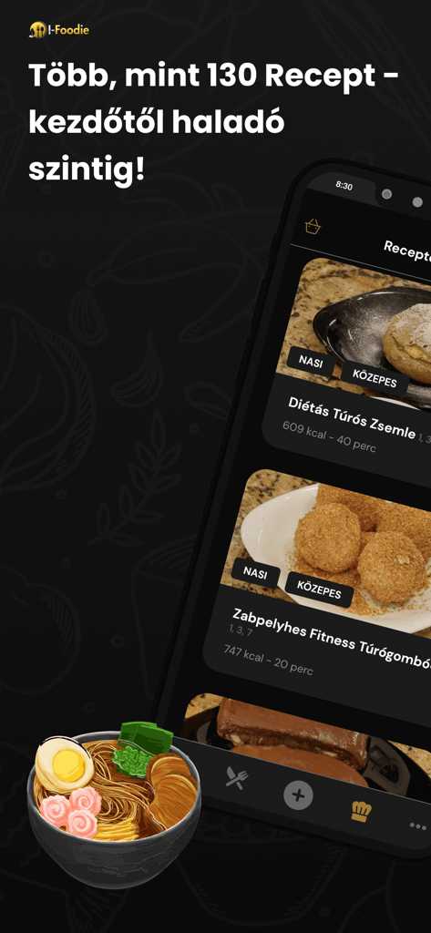 I-Foodie: Étrendtervező App - I-Foodie mobile App-Oberfläche mit gesunden Rezepten mit Kalorienangaben und Zubereitungszeiten